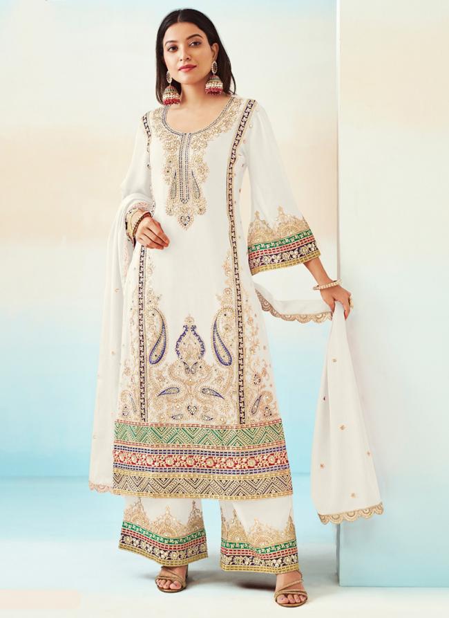 Heavy Chinnon White Wedding Wear Embroidery Work Readymade Plazzo Suit